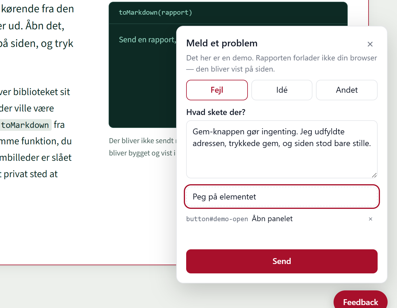 bugbottle-panelet åbent oven på denne side: en besked om en gem-knap, der ikke gør noget, elementet brugeren har peget på, og en send-knap.