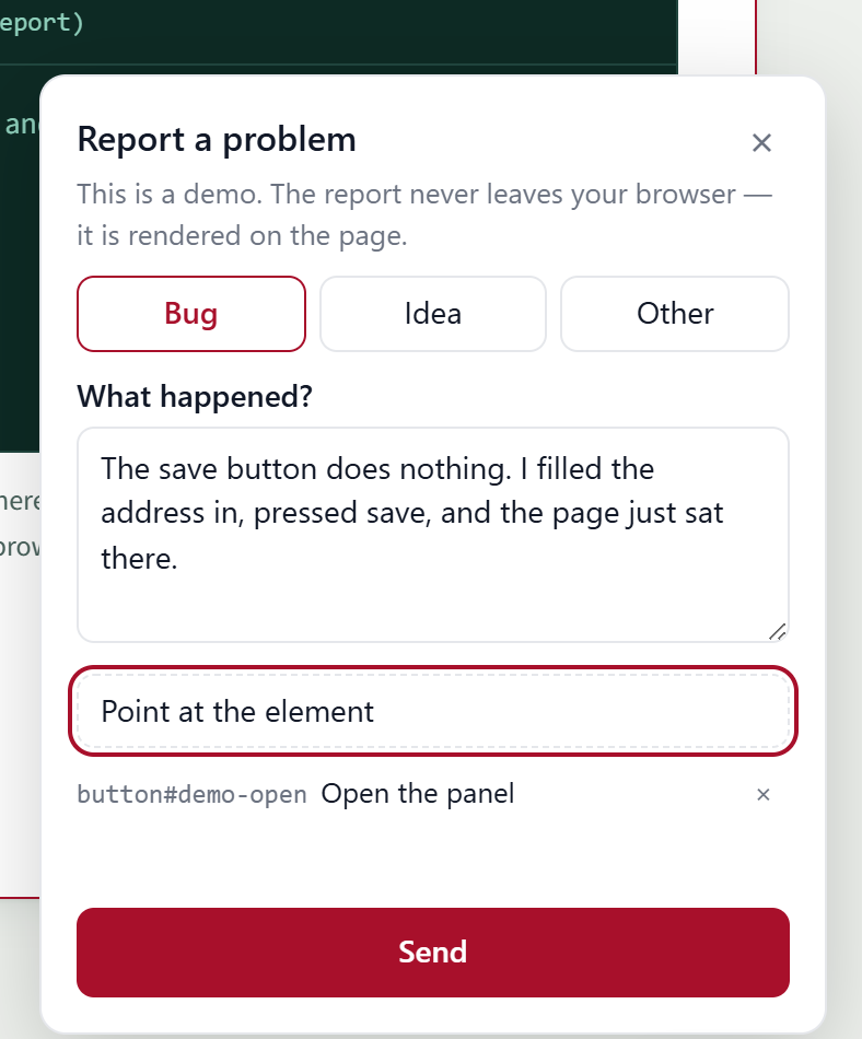 The bugbottle panel open over a page: a message about a save button that does nothing, the element the reporter pointed at, and a send button.