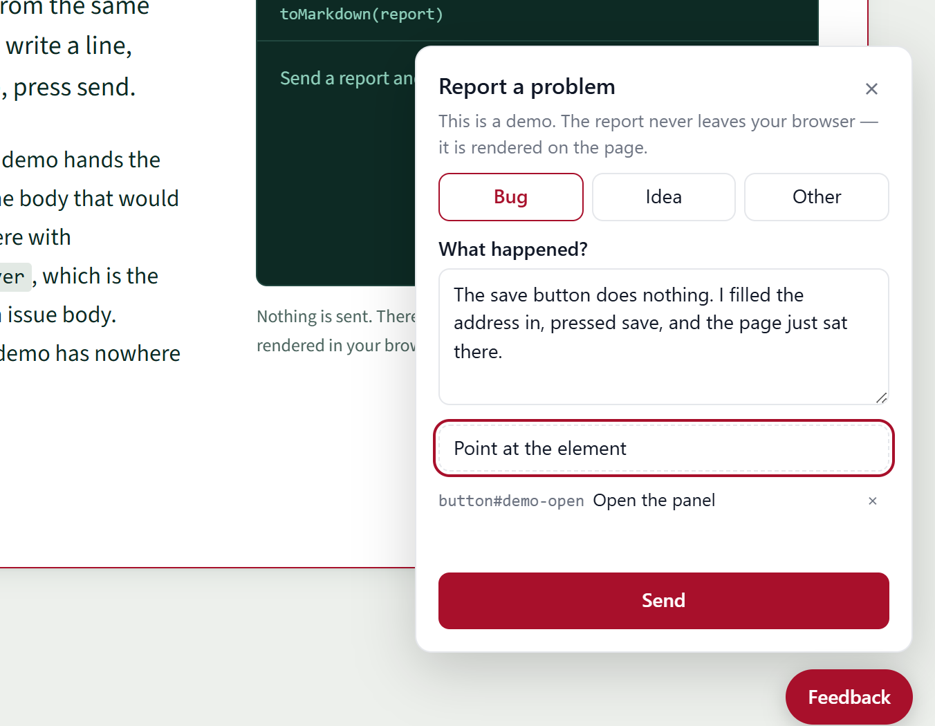 The bugbottle panel open over this page: a message about a save button that does nothing, the element the reporter pointed at, and a send button.